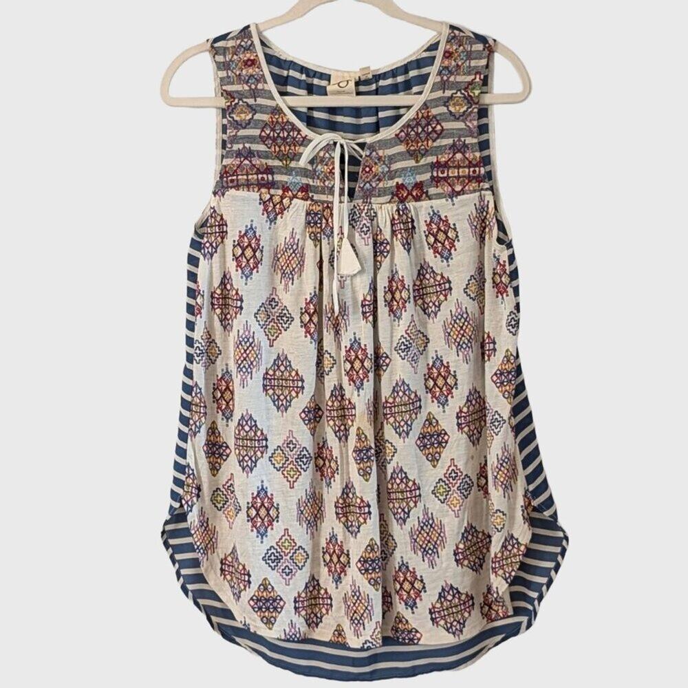 One September Boho Embroidered Mixed Print Peasant Tank Top M Boho Peasant